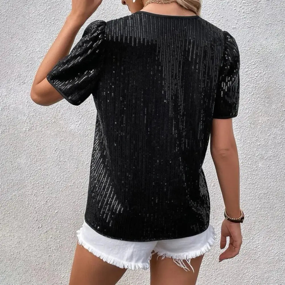 Shiny Sequins Tee Shirt Women T-shirt V-Neck Short Sleeve Loose Fit Summer Sexy Tops Holidays Parties Wear