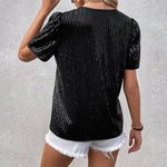 Shiny Sequins Tee Shirt Women T-shirt V-Neck Short Sleeve Loose Fit Summer Sexy Tops Holidays Parties Wear
