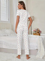 Autumn Winter Comfortable Pajamas Set with Love Heart Printed for Women Sleepwear Short Sleeve Top and Pants Homewear