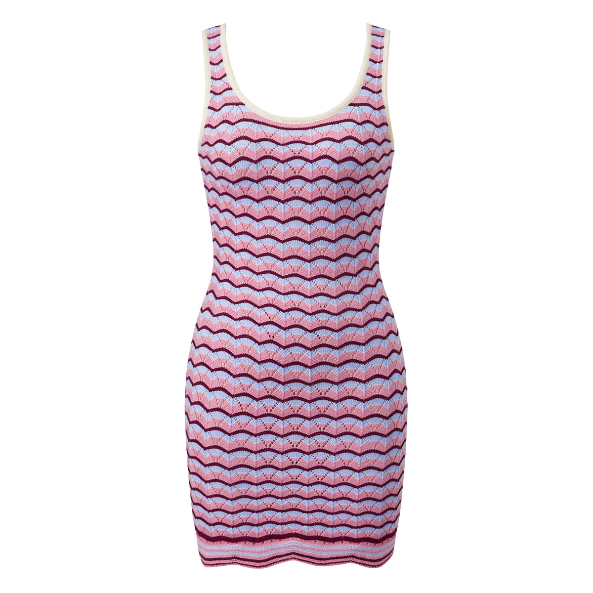 Women Wave Striped Knit Tank Dress Summer Sleeveless Bodycon Mini Dress Bohemian Casual Dress Beach Holiday