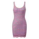 Women Wave Striped Knit Tank Dress Summer Sleeveless Bodycon Mini Dress Bohemian Casual Dress Beach Holiday