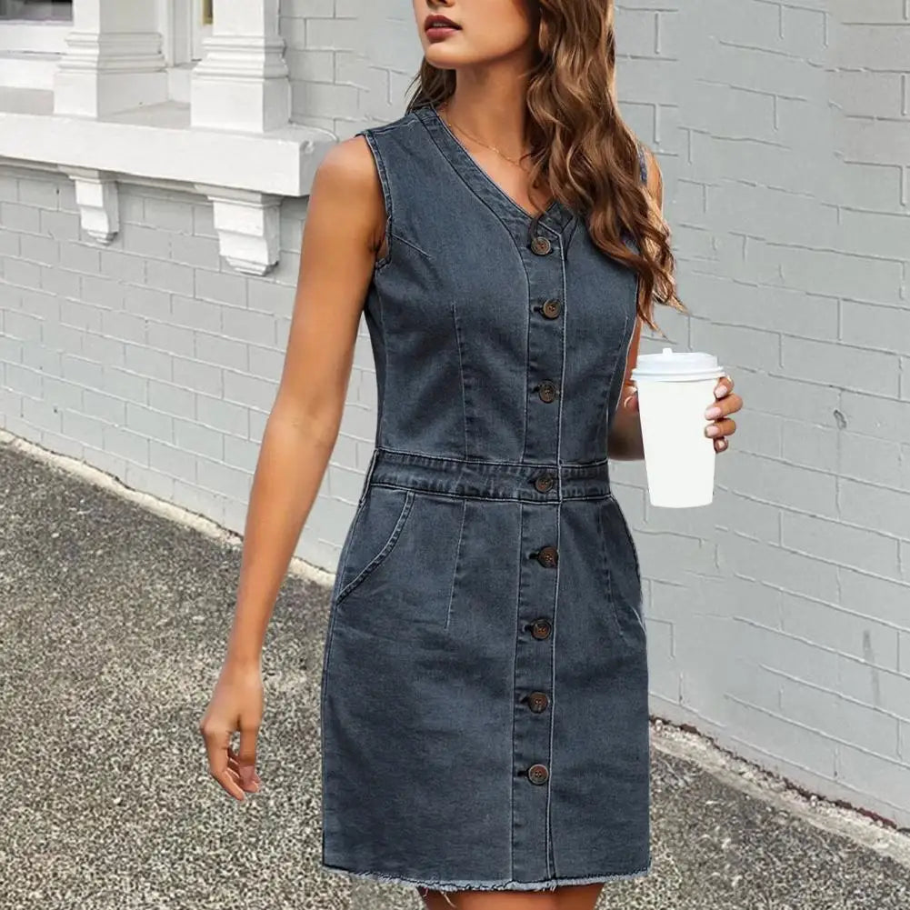 Women's Sleeveless Bodycon Denim Dress Casual V-Neck Button Down Mini Jean Dress Summer Overalls Dress with Pockets