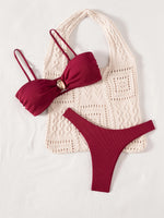 ZTVitality Wine Red Ribbed Bandeau Bikini Set Metal Buckle High Cut Thong Swimsuit Women's 2026 New Beach Bathing Suit Biquini
