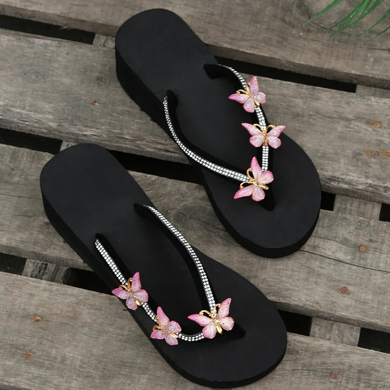 Luxury Crystal Butterfly Wedge Heel Flip Flops Women Fashion Clip Toe Thick Bottom Slippers Woman Summer Beach Non Slip Slides