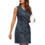 Women's Sleeveless Bodycon Denim Dress Casual V-Neck Button Down Mini Jean Dress Summer Overalls Dress with Pockets