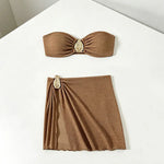 2026 Sexy Bikini Women Coffee Metal Water Droplet Ornament Push Up Mesh Skirt 3 Piece Swimsuit Beach Bathing Suit Swimwear