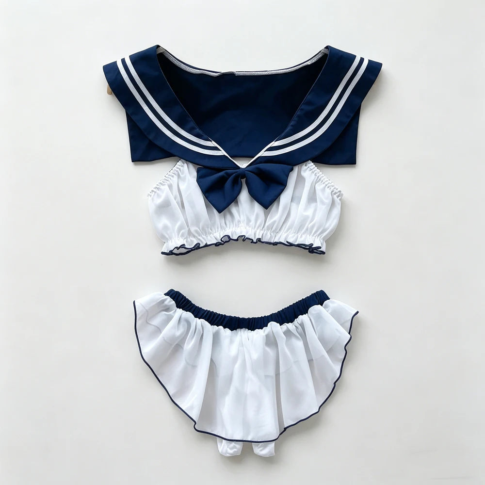 Women Sailor Collar Two-Piece Set Navy White Bow Decor Chiffon Fabric Casual Homewear Cosplay Costumes Daily Party Themed Event
