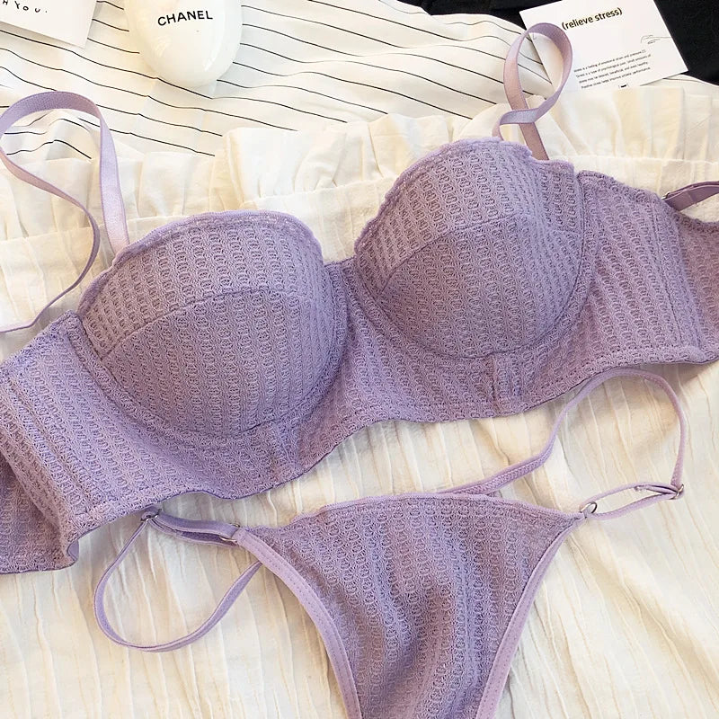 New 6 Color Women Cotton Underwear French Sexy 1/2 Cup Push Up Bra Set Fashion Fluorescent Summer Lace Bra and Thongs Lingerie