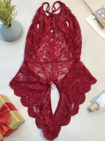 Sexy Lace Bodysuit Women Deep V Halter Teddy Lingerie Open Back Backless One Piece Sleepwear Transparent Floral Mesh Nightwear
