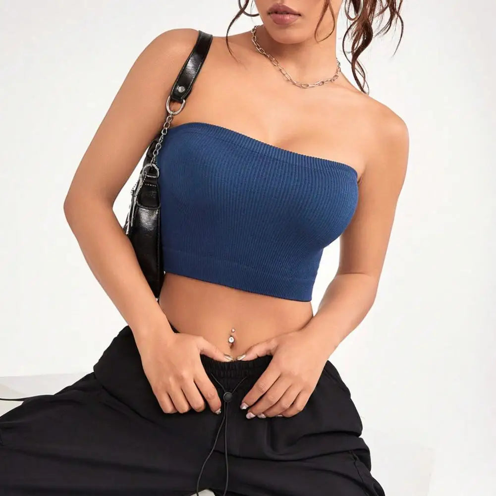 Quick-drying Cropped Top Women Ribbed Vest Anti-slip Bandeau Strapless Sleeveless Backless Tank Top Sweat Absorption