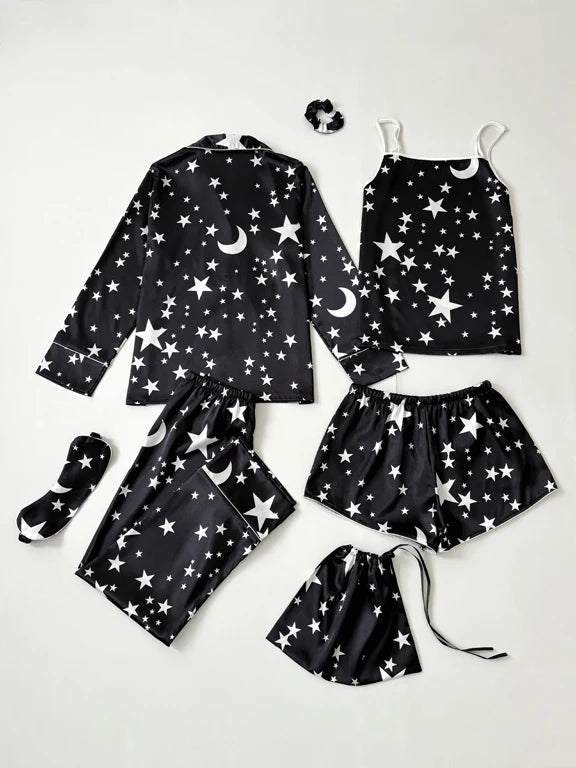Luxurious women's starry sky print, leopard print satin pajama set, including pocket collar top, pants, shorts, adjustable shoul