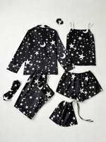 Luxurious women's starry sky print, leopard print satin pajama set, including pocket collar top, pants, shorts, adjustable shoul