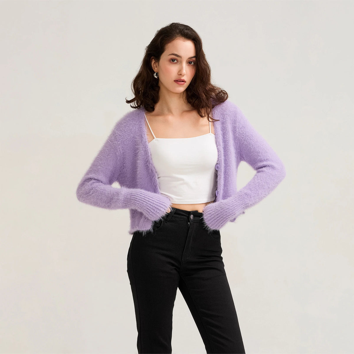 Fall Winter Women Button Down Cropped Knit Cardigan Solid Color Knitwear Fuzzy Long Sleeve V-Neck Loose Sweater
