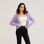 Fall Winter Women Button Down Cropped Knit Cardigan Solid Color Knitwear Fuzzy Long Sleeve V-Neck Loose Sweater