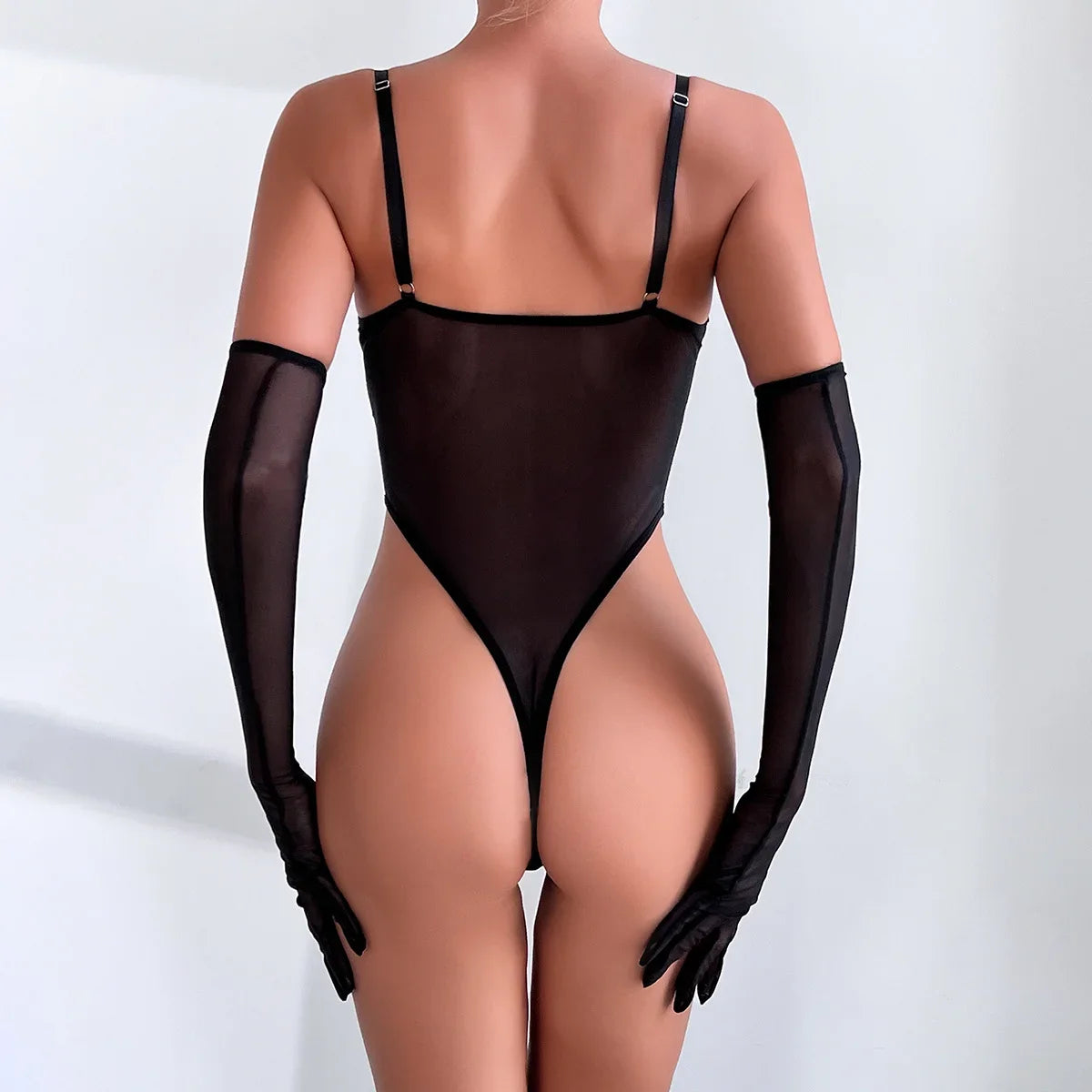 One-piece Bodysuit Women Black Transparent Mesh Patchwork Neck Garter Sexy Bodysuit with Gloves Clubwear Body Femme Jumpsuit
