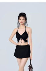 Vacation Beach Ins Rose Red Bikini Three Piece Swimsuit Women's Small Chest Internet Famous Swimsuit Butterfly Sexy Spicy Girl