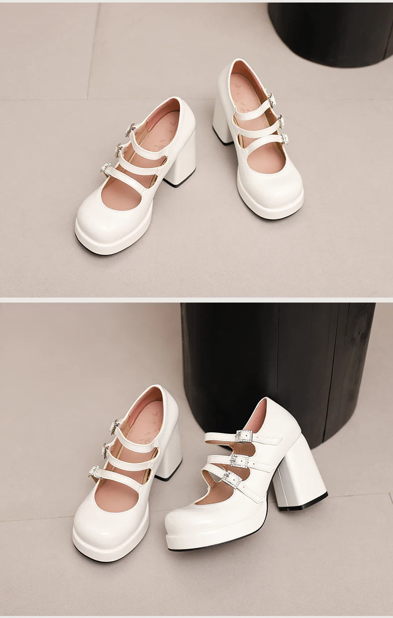 Plus Size Women Red Patent Leather Platform Mary Jane Shoes 3 Rhinestone Buckle Straps Chunky BlockY2K Lolita Party Pumps