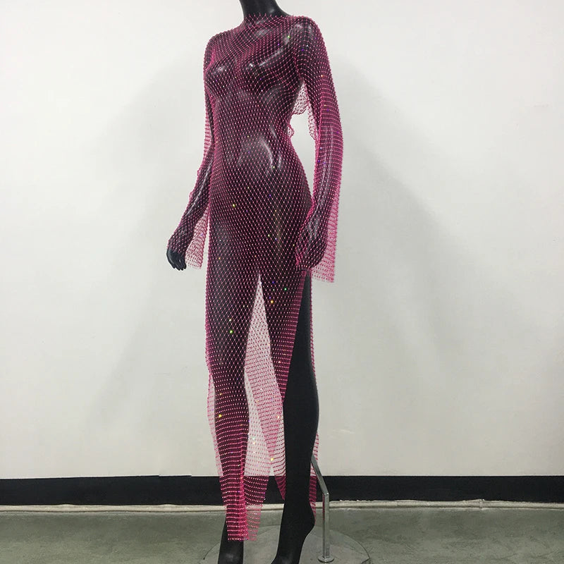 Shiny Rhinestones Grid Fishnet Dress Long Sleeve O-Neck Hollw Out Side Slit Dress Sexy Beach Cover Up Breathable Women Vestidos