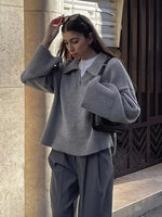Foridol Grey Flare Sleeve Turn Down Collar Warm Winter Sweater Women Pullover Knitted Jumper Autumn Casual Sweater Loose