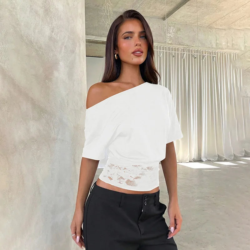 FDYOUI Sexy Chic Diagonal Collar Lace Patchwork T-shirts 2026 Women Short Sleeve Irregular Cropped T Shirt Lady Tunics Tops Tees