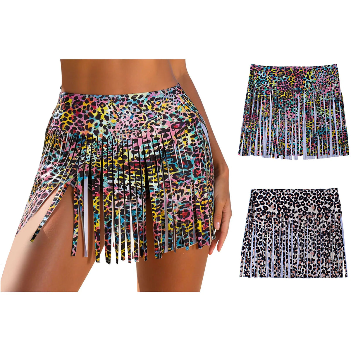 Women Leopard Print Swim Skirt Shorts Tassel Fringe High Waist Bikini Bottom For Beach Party Summer Vacation Pool Bathing Suits