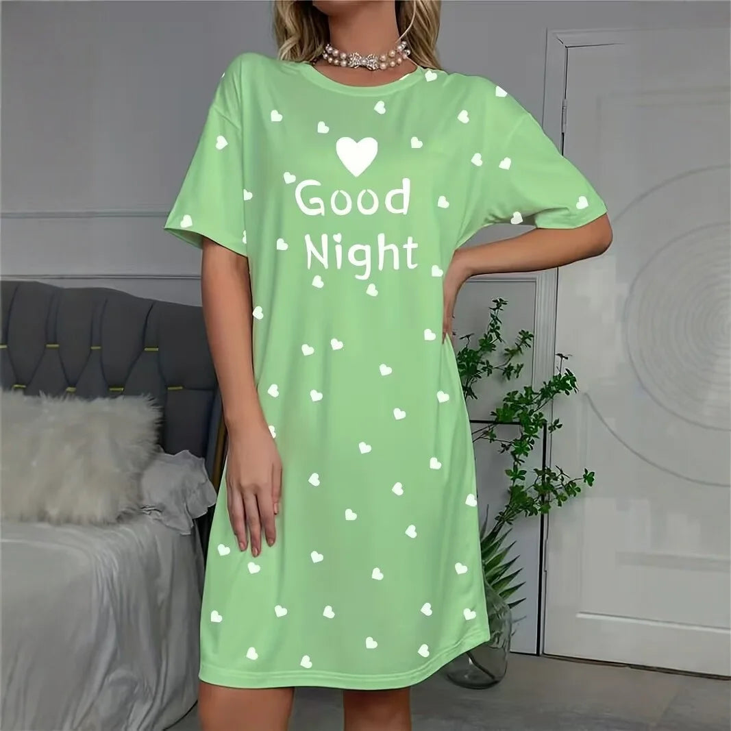 Women's Nightgown Casual Print Nightshirt Polka Dot Short Round-Neck Sleeve Loose Sleepwear Nightdress Summer Pajama
