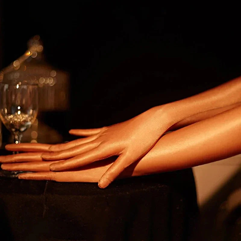 Ultrathin Sunscreen Driving Gloves Sexy Lace Oil Shiny Gloves for Women See Through Elastic Gloves Luxury Candy Color