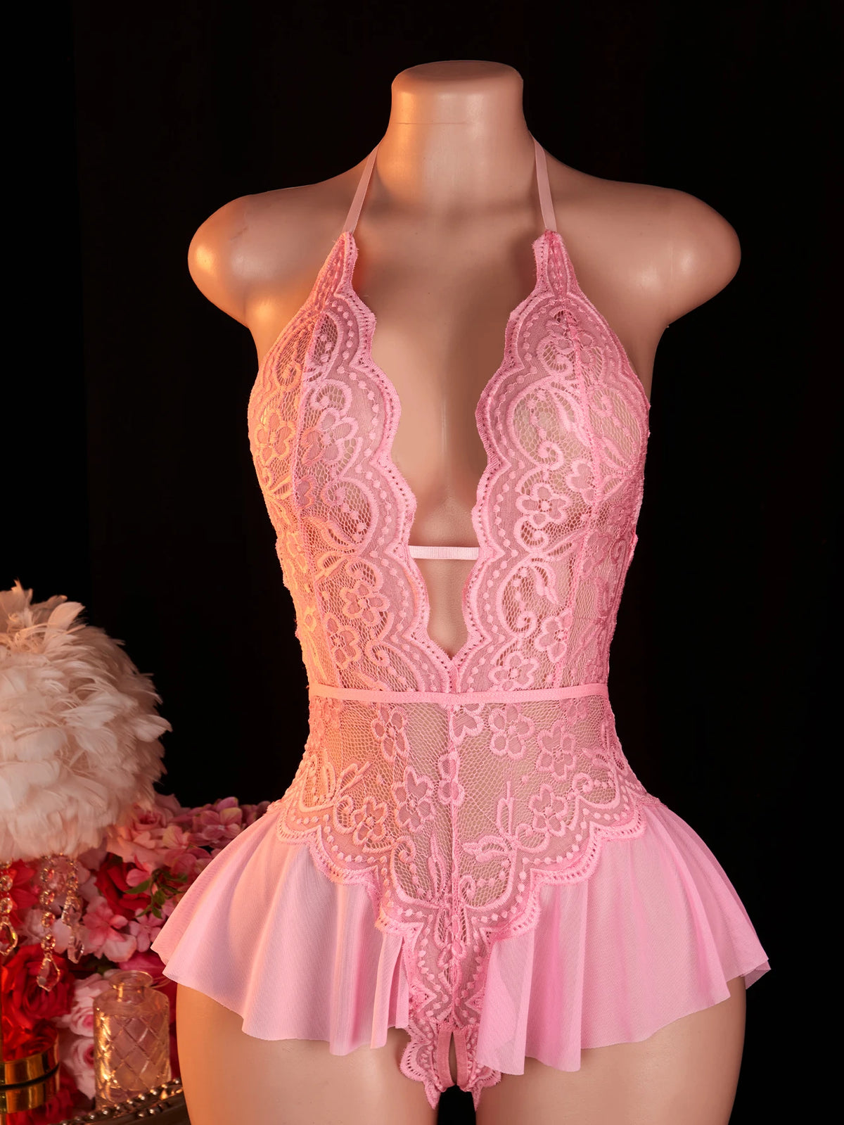 Pink Sexy Lace Bodysuits Crotchless Deep V Open Teddy Babydoll Sheer Sleepwear Elegant & Seductive Erotic Lingerie For Women