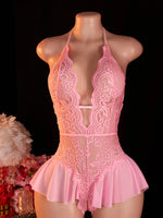 Pink Sexy Lace Bodysuits Crotchless Deep V Open Teddy Babydoll Sheer Sleepwear Elegant & Seductive Erotic Lingerie For Women