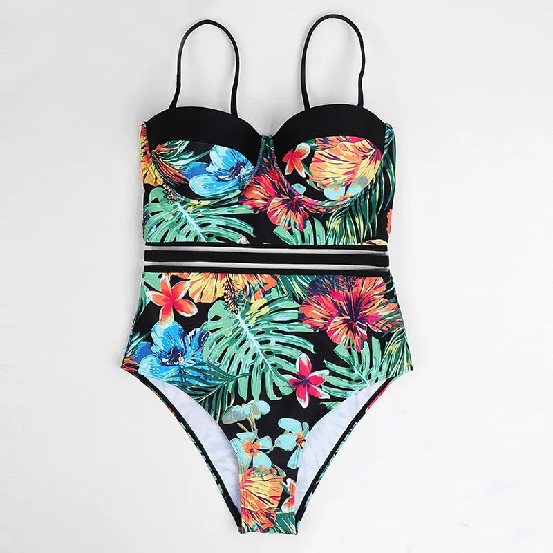 S - XL Floral Leaves Print Underwired Bra Cup Women Swimwear One Piece Swimsuit Female Monokini Bandeau Bathing Suit Swim Lady