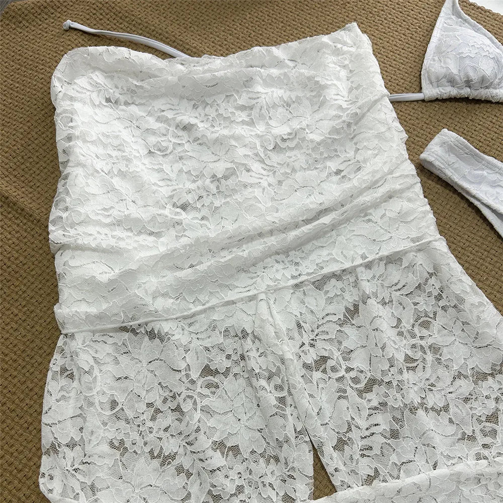 Sexy White Lace Halter String Triangle Bikinis Sets 3 Pieces Trousers Swimsuit Woman 2026 Holiday Swimwear Micro Bikini Thong