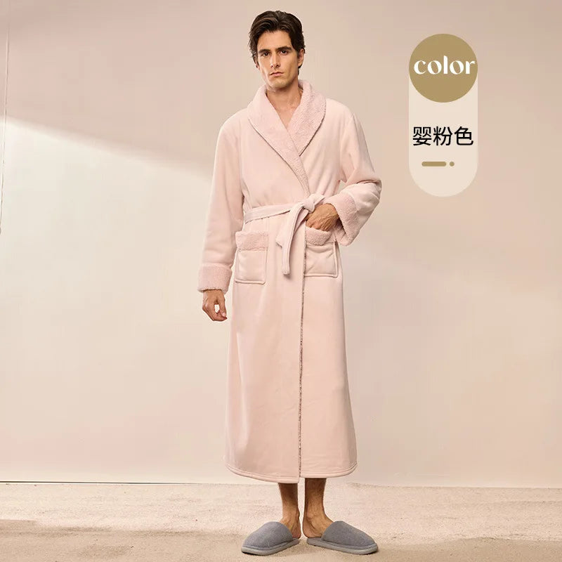 2026 Autumn Winter New Thick Coral Fleece Couple Bathrobe, Long Flannel Robe for Men Women Warm Home Pajamas Loungewear