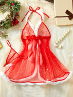 Red Sexy Sleepwear Cloak-style Nightgown And Thong Set With Plush Edge Cute Transparent Christmas Valentine's Day Gift Hatler