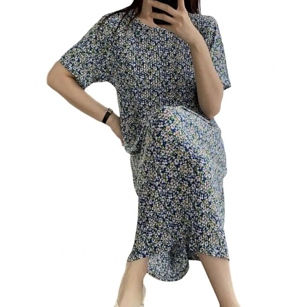 Summer Women Dress Small Flower Print Crew Neck Loose Short Sleeves Pleated Dating Shopping Midi Dress Mid-calf Length Pullover