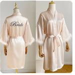 White Bride Wedding Robe with Feathers Women Satin Peignoir Sexy Bridesmids Kimono Gowns Short Bathrobe Bridal Intimate Lingerie
