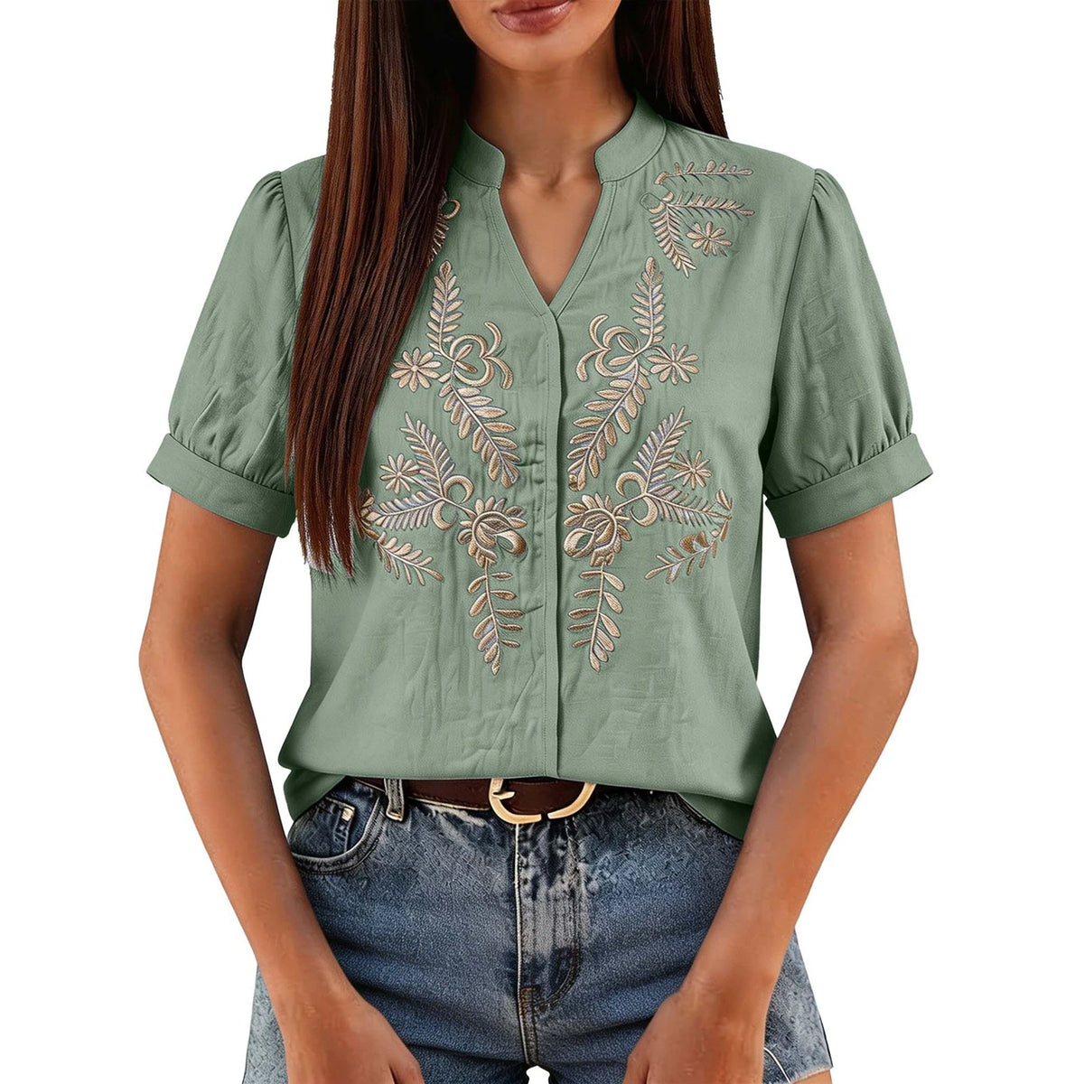 Women Floral Embroidery Puff Short Sleeve T Shirt Stand Collar V Neck Button Down Loose Solid Tees Summer Boho Casual Office Top