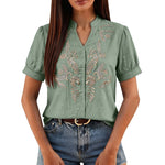 Women Floral Embroidery Puff Short Sleeve T Shirt Stand Collar V Neck Button Down Loose Solid Tees Summer Boho Casual Office Top