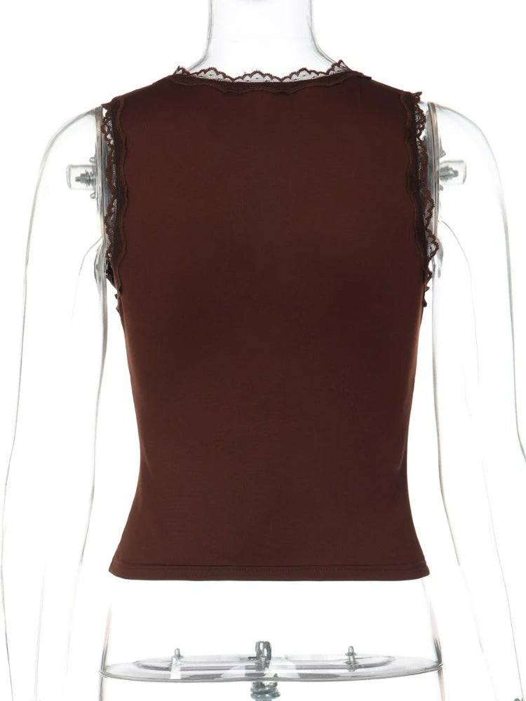FDYOUI Deep V-neck Sleeveless Tank Tops Y2K Woman Clothes 2026 Summer Lace Patchwork T-shirt Girls Slim Corset Top Streetwear