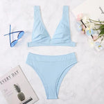 2023 New Sexy V-Neck Ribbed Bikini High Waist Swimsuit Women Solid Push Up Swimwear Female Bathing Suit Bikini Set Beachwear