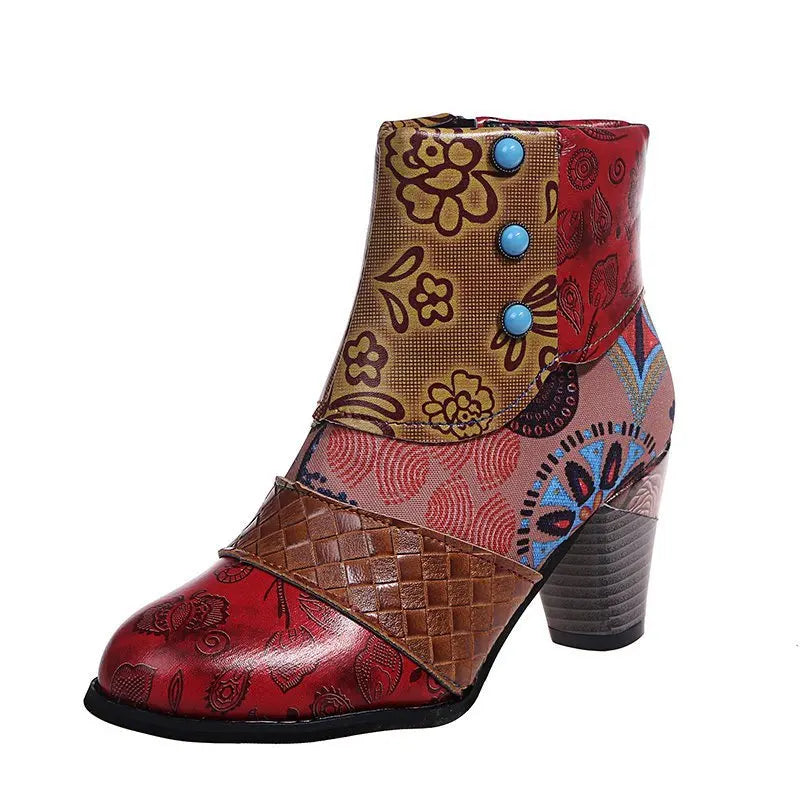 Ankle Boots Women Autumn PU Women's Shoes Ethnic Waterproof Casual Vintage Shoes Zipper High Heel Short Boots Botas Mujer