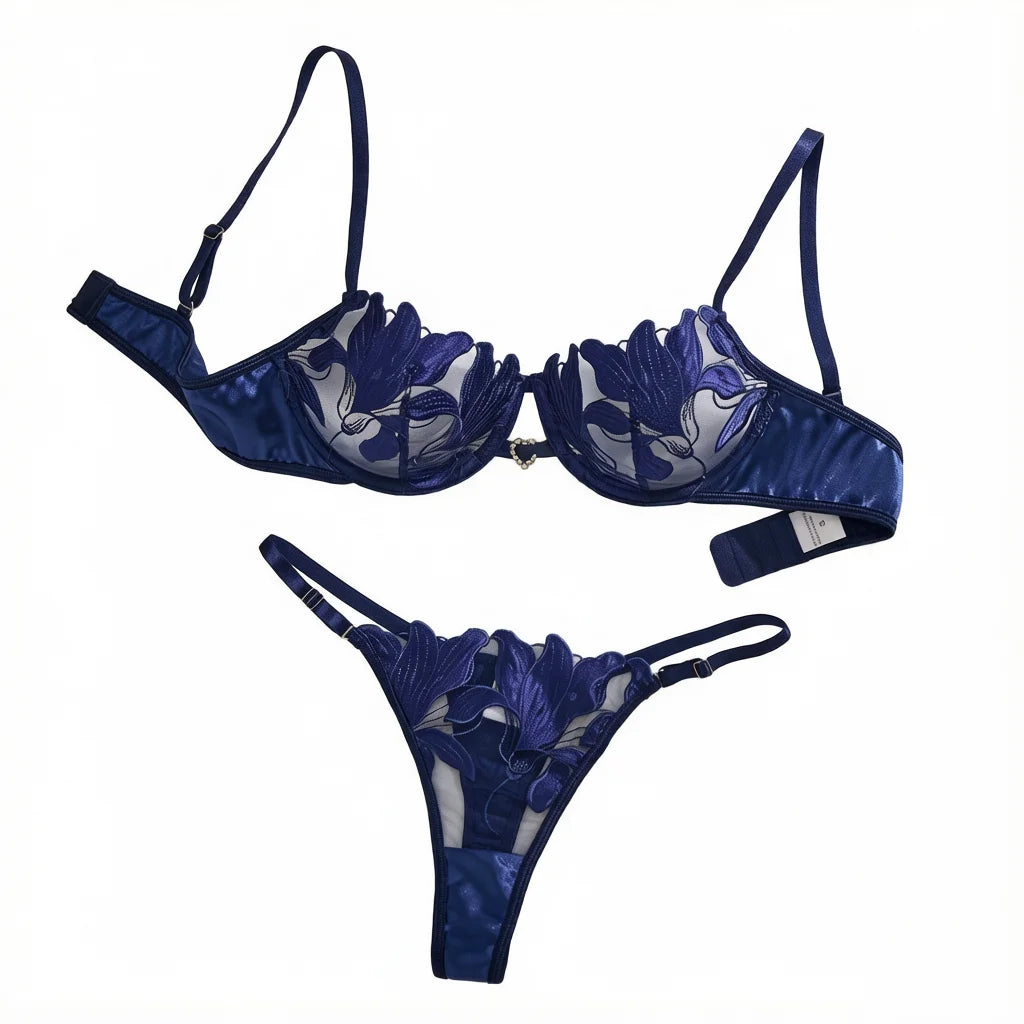 Navy Blue Floral Embroidery Satin Lingerie Set Sheer Mesh Underwire Bra & Thong Women Sexy Underwear