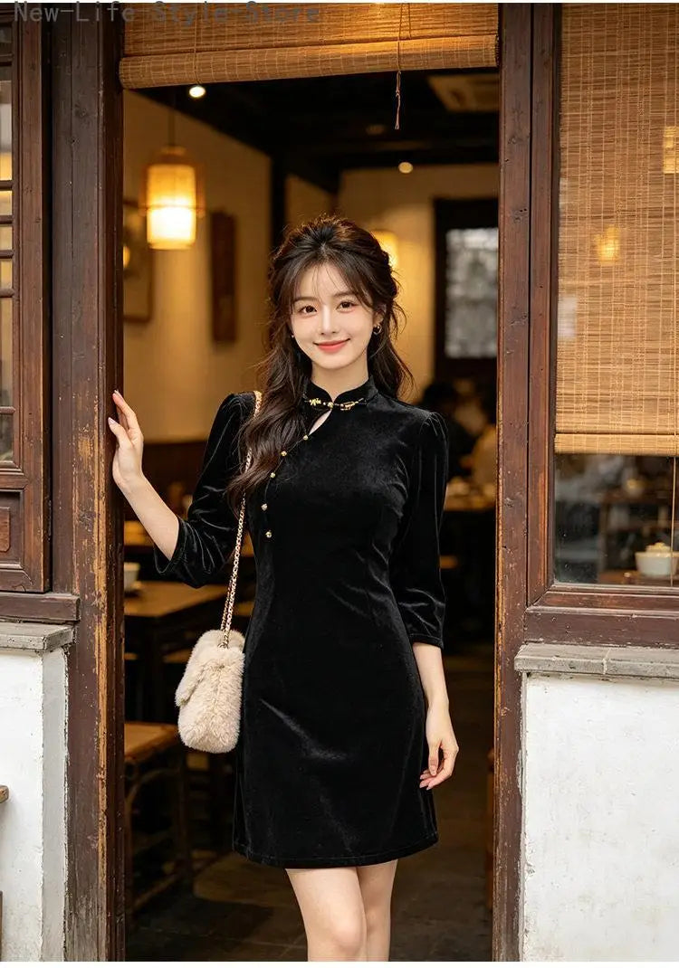 Black New Chinese Style Improved Qipao Dress Long Sleeve Short Cheongsam Retro Elegant Women Dress for Party Banquet Daily