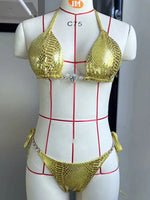 Snake Skin Rhinestone Diamond Bikini Female Swimsuit Women Swimwear Two-pieces Bikini Set High Cut Halter Bathing Suit Swim Lady