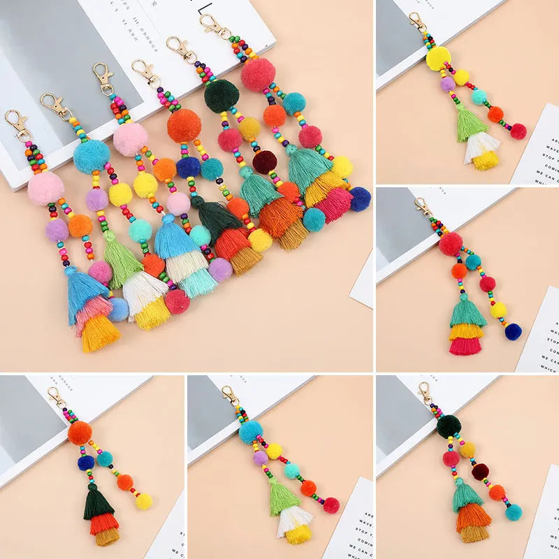 Summer Beach Shell Keychain Boho Style Hair Ball Tassel Keychain Colorful Pompom Keyring for Women Bag Hanging Pendants