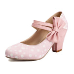Plus Size 33-48 Sweet Polka Dot Mary Jane Heels Shoes Women Pink Blue Side Bow Tie Round Toe Chunky Block Heel Cute Lolita Pumps