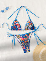 Blue Floral Print 2 Piece Micro Bikini Set for Women 2025 New Push Up Bra Thong Swimsuit Beach Bathing Suit Holiday Swimwear