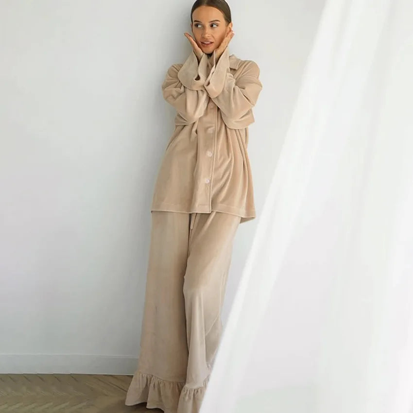 Women 2026 Autumn Winter Knit Korean Velvet Pajama Set Ruffle Long Sleeve Pants Two Piece Warm Ladies Homewear Sleepwear