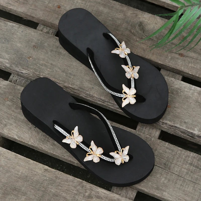 Luxury Crystal Butterfly Wedge Heel Flip Flops Women Fashion Clip Toe Thick Bottom Slippers Woman Summer Beach Non Slip Slides