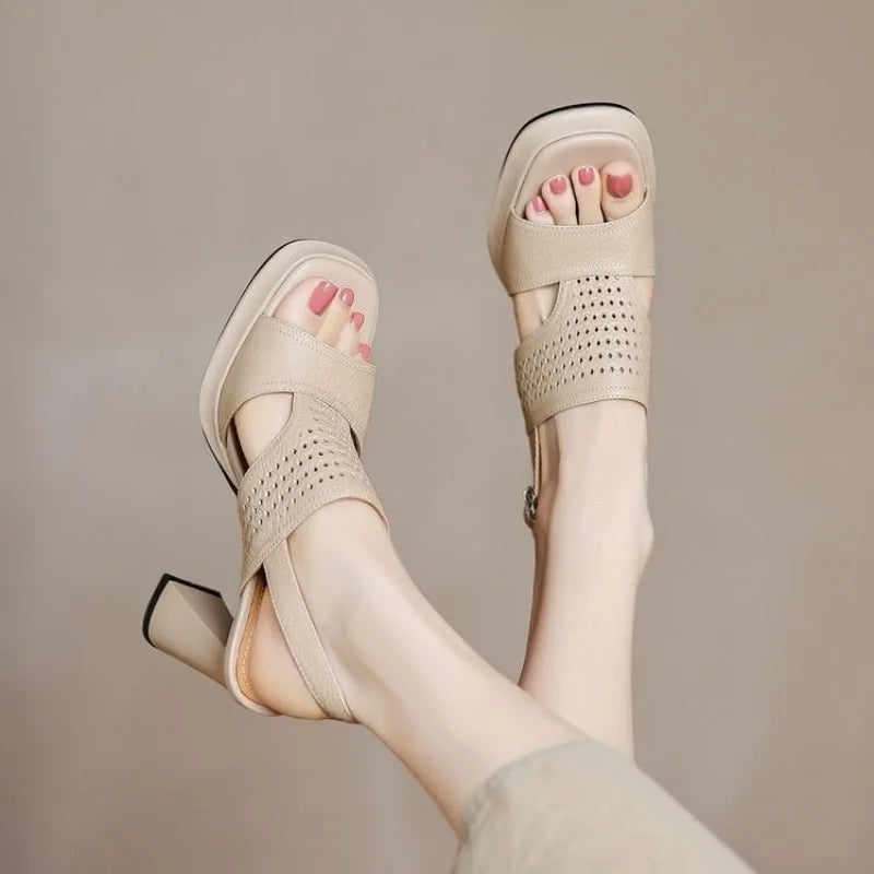 2026 Women's Thick Heel Sandals Summer Hollow Waterproof Platform High Heels Fish Mouth