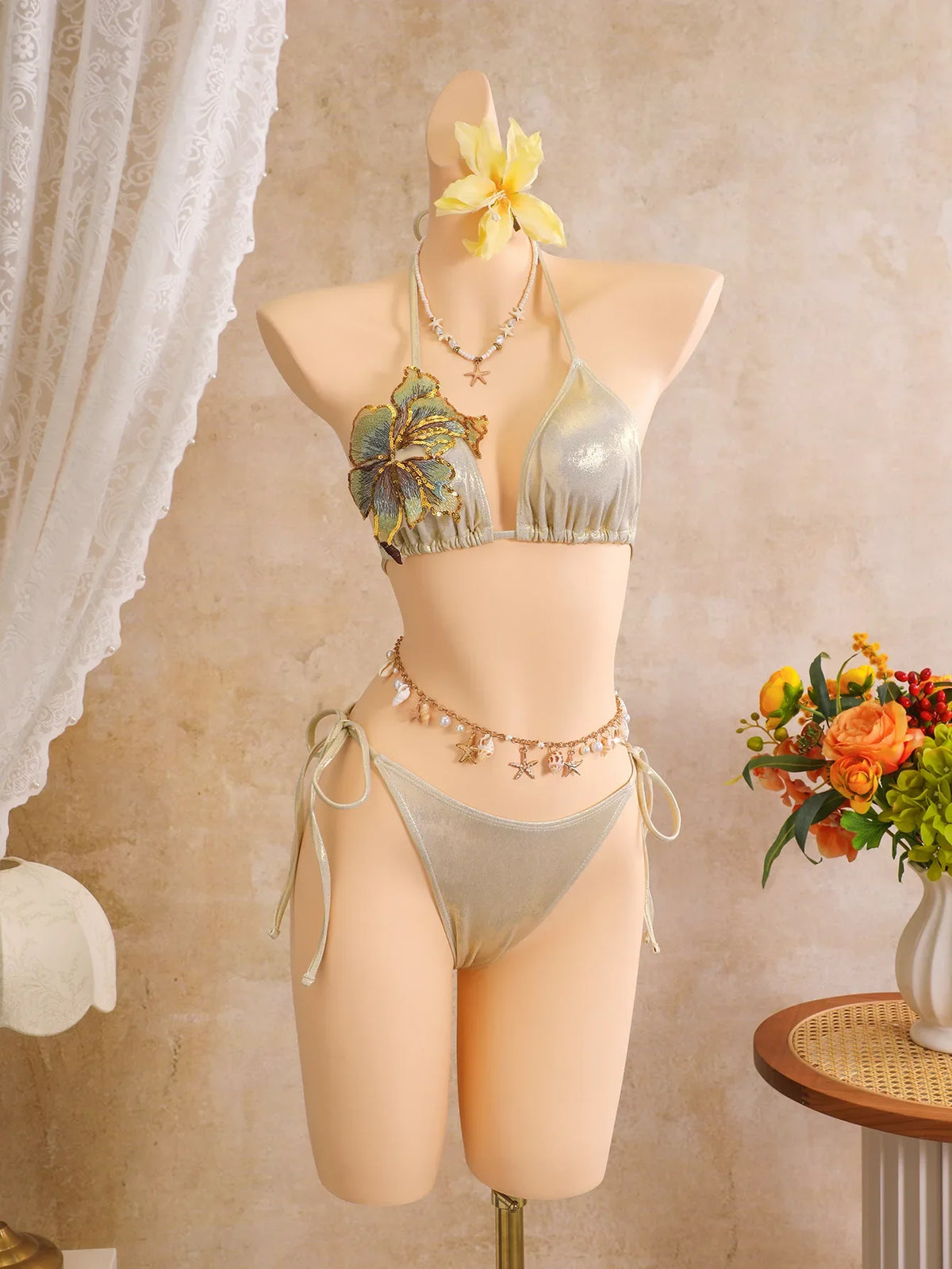 Sexy Beige 3D Flowers Embroidered Bikini Set 2026 Women Drawstring Cover Up 3 Piece Swimsuit Beach Bathing Suit Holiday Swimwear